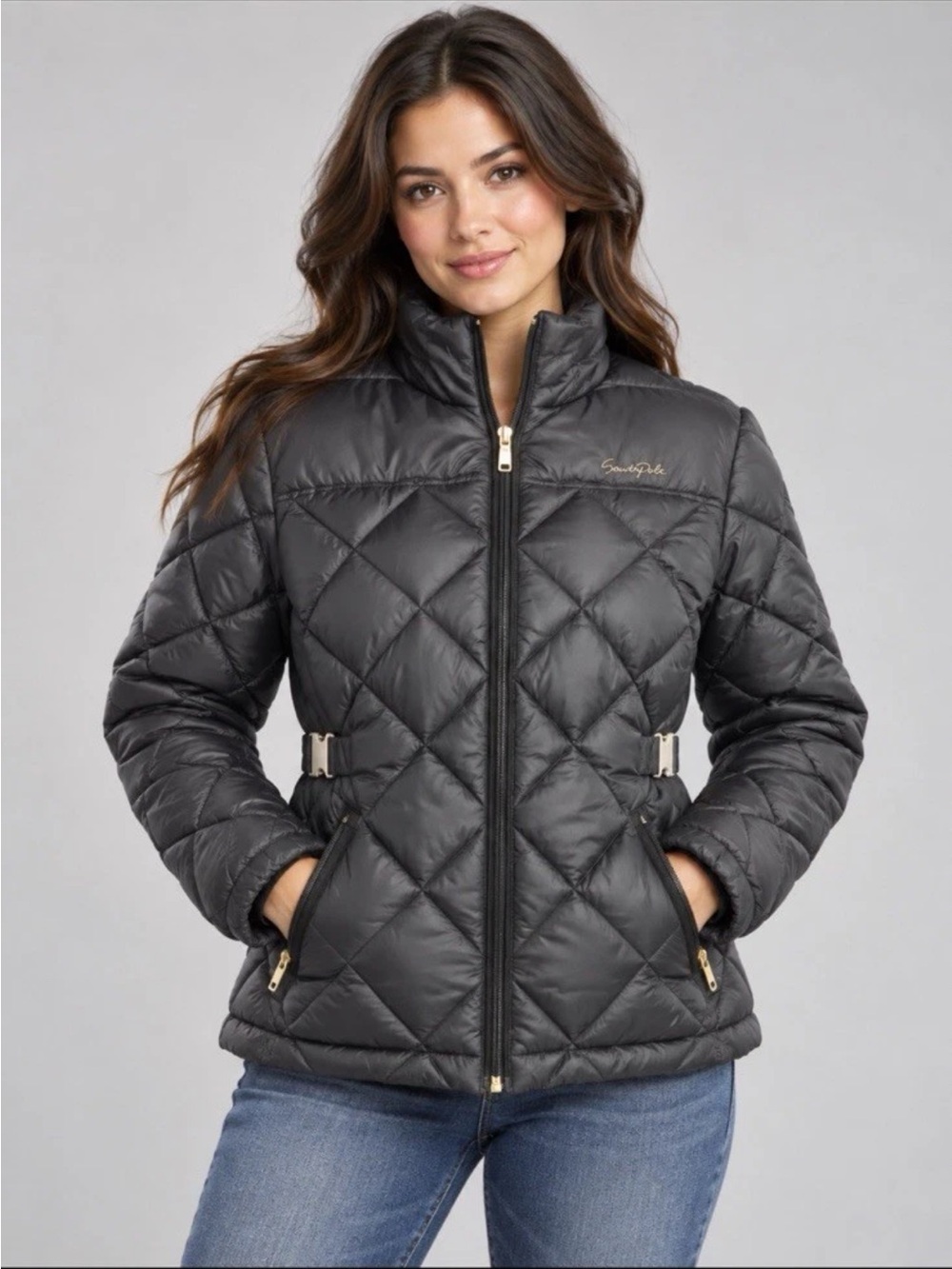 Southpole Quilted Black Puffer Jacket with Buckle Detail